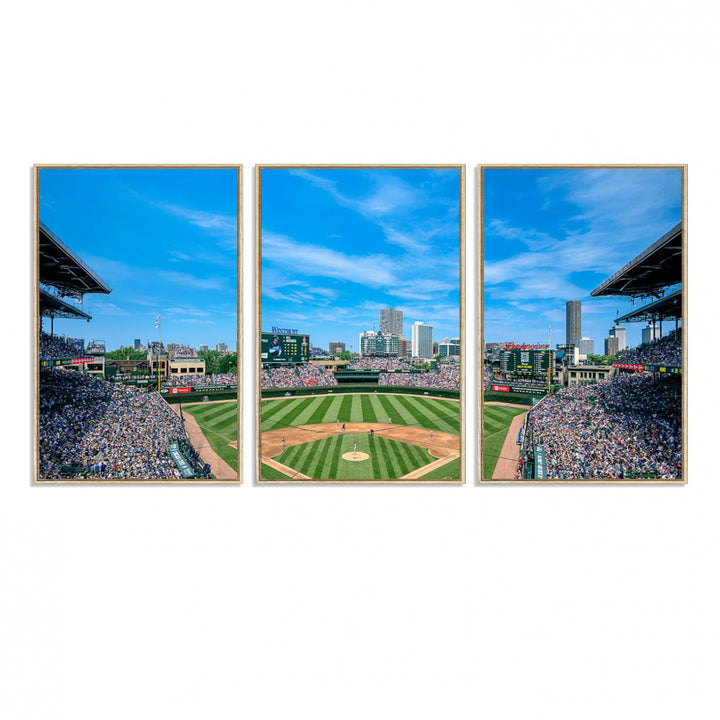 Panoramic view of Wrigley Field, ideal for the Wrigley Field Chicago Cubs Panoramic Canvas Wall Art - Ready to Hang.