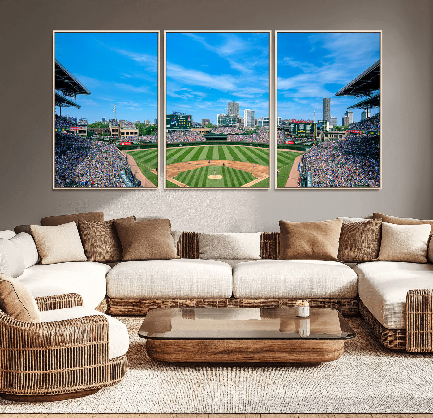 MGV-FC-60X30-3P - Wrigley Field Chicago Cubs Panoramic Art Multi Piece Canvas - Iconic Baseball Stadium Print for