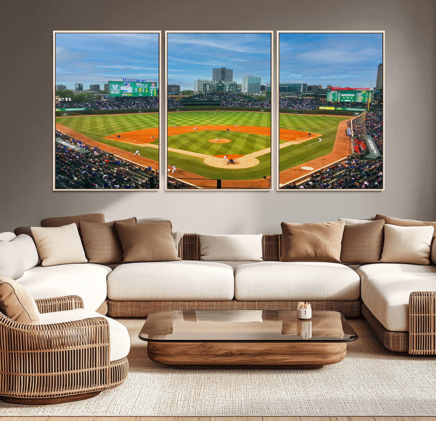 MGV-FC-60X30-3P - Wrigley Field Chicago Cubs Panoramic Multi Piece Canvas Wall Art - Iconic Baseball Stadium Print for
