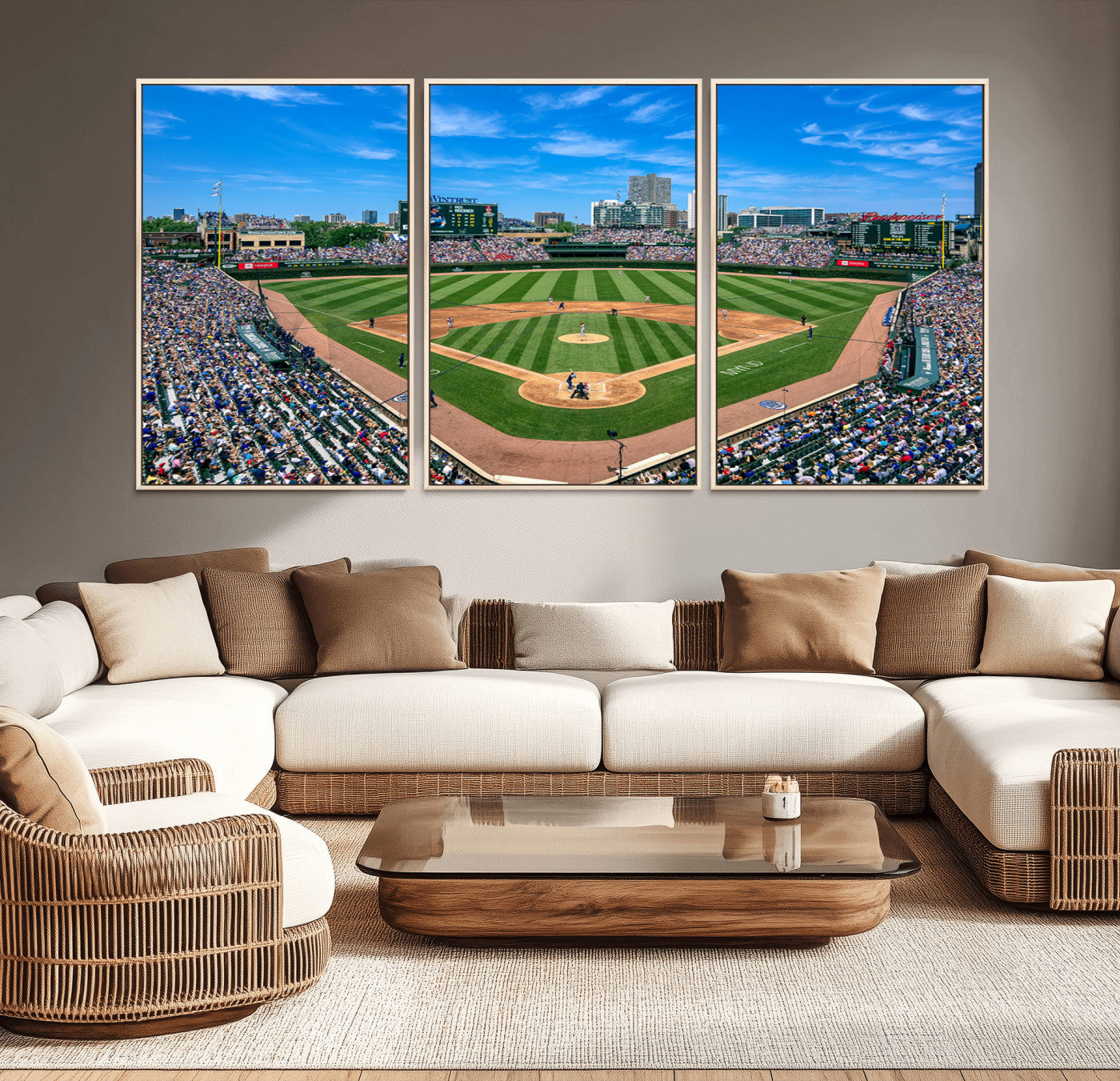 26064-MGV-CV-30X20-Framed Wrigley Field Chicago Cubs Print, Panoramic Multi Piece Canvas Wall Art - Iconic Baseball Stadium Print for Sports Lovers - Ready to