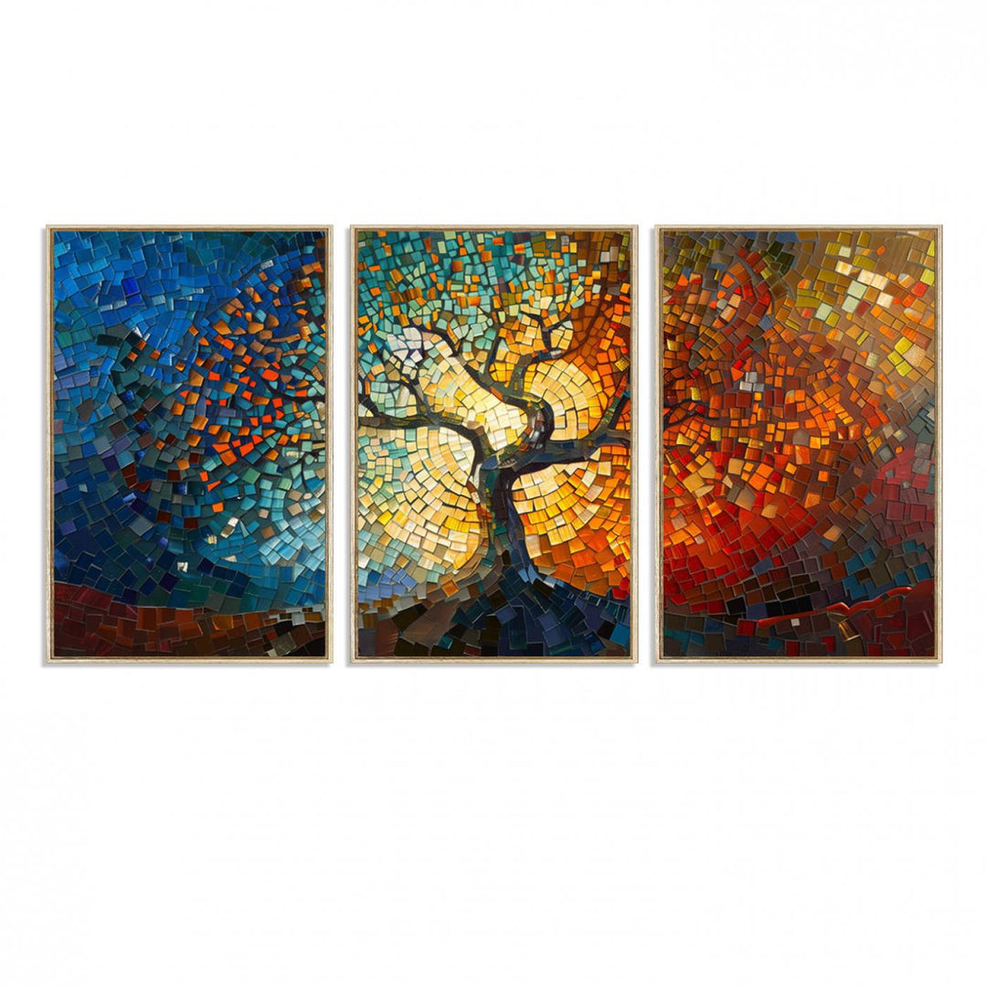 Mosaic Tree Canvas Wall Art: A stunning stained glass-inspired Tree of Life featuring blue and orange swirling patterns reminiscent of a sunburst.