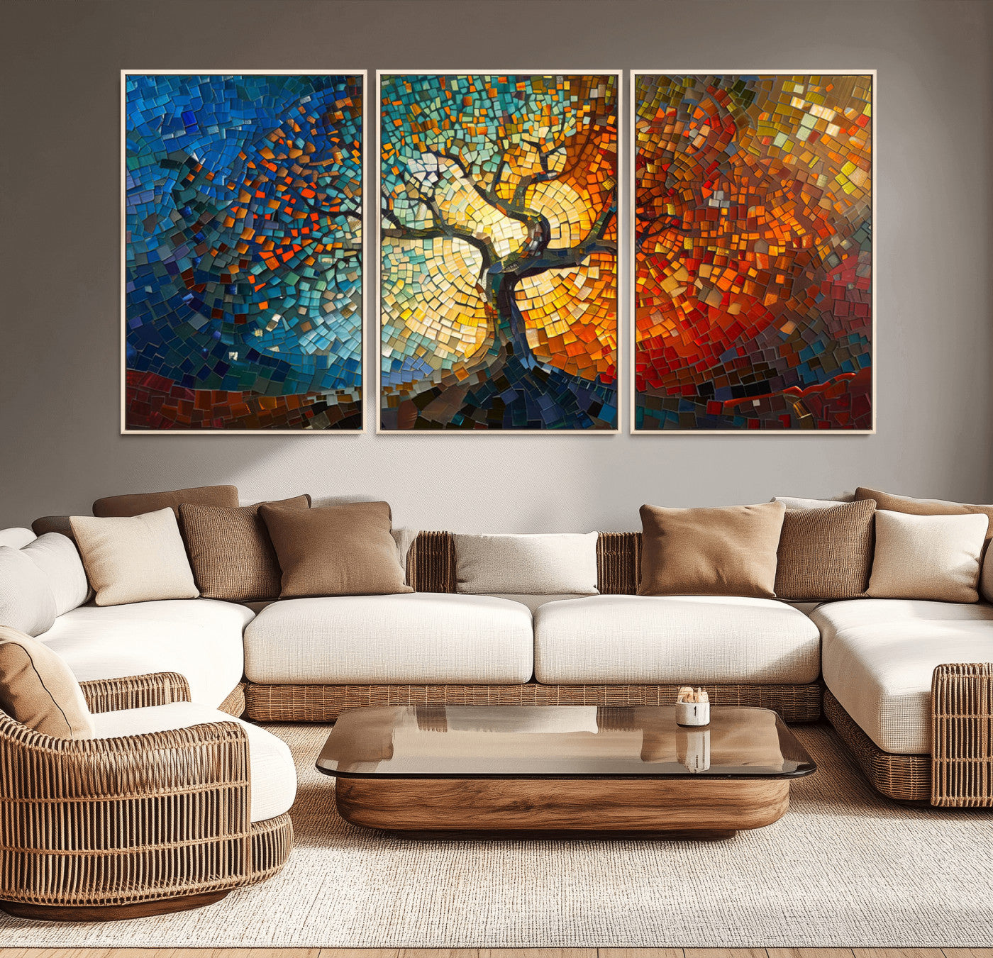 MGV-FC-60X30-3P - Mosaic Tree Canvas Wall Art Canvas Print – Vibrant Stained Glass-Inspired Tree of Life - Ready to