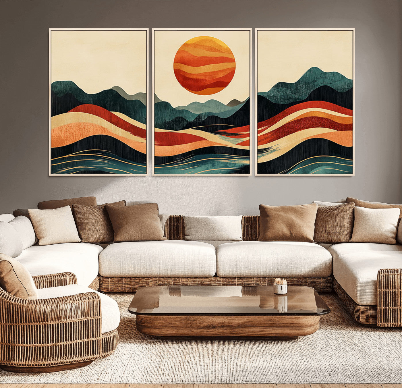 MGV-FC-60X30-3P - Mountain Triptych Wall Art - Western Nature Prints - Framed Boho Pine Tree Canvas for Log Cabin or