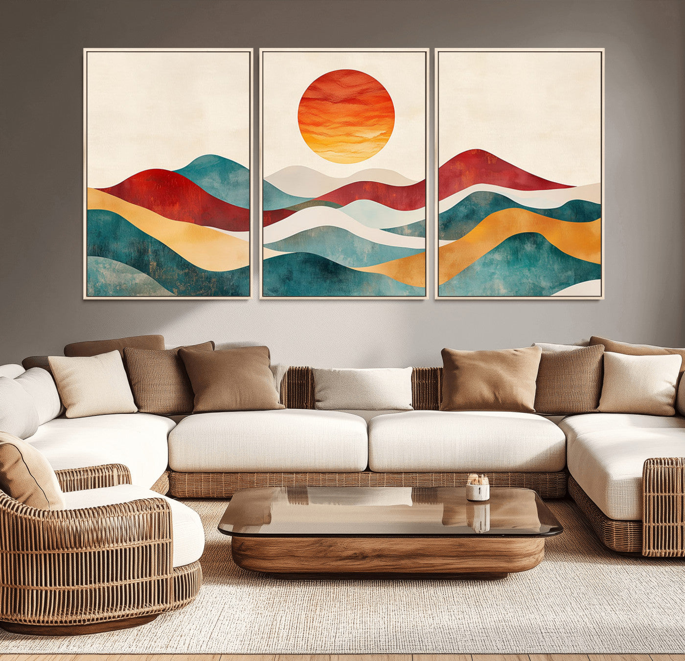 MGV-FC-60X30-3P - Southwest Mountain Canvas - Boho Triptych Wall Art - Rustic Woodland Nursery Decor - Abstract Nature