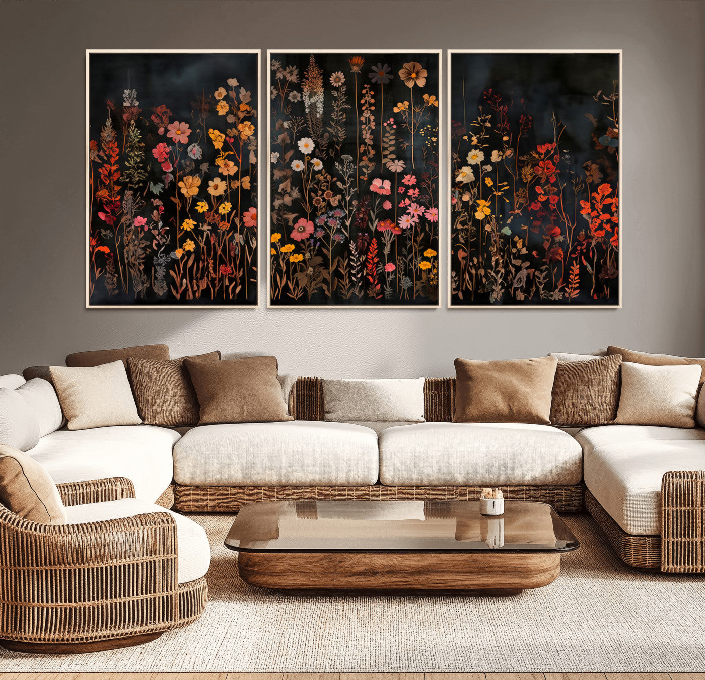 MGV-FC-60X30-3P - Dark Floral Canvas Wall Art - Moody Botanical Flower Print - Rustic Floral Wall Decor for Home -