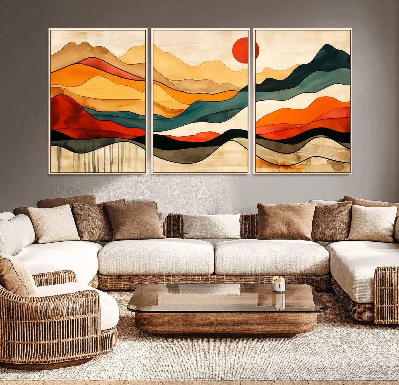 MGV-FC-60X30-3P - Mid Century Wall Art Print  - Abstract Woodland Print - Modern Art Panoramic Mountain Wall Art