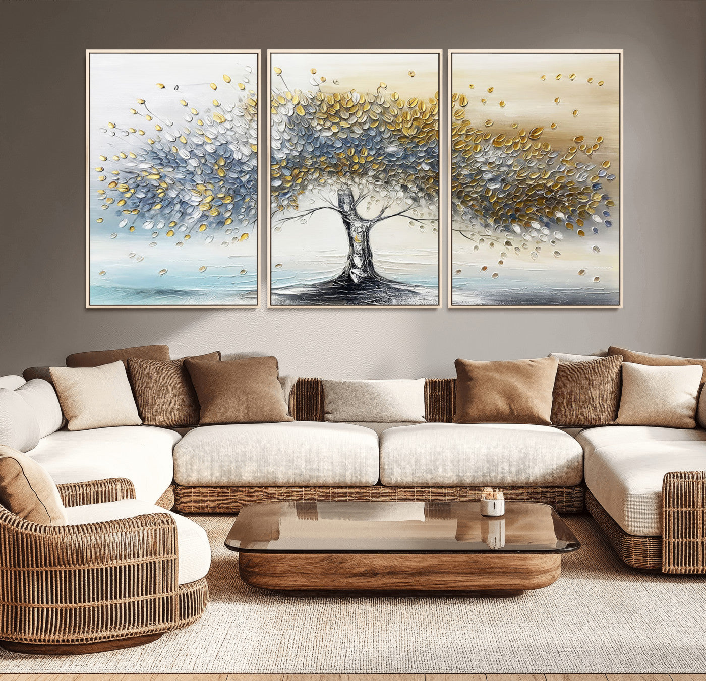 An elegant impasto painting featuring a tree with shimmering silver and gold leaves, blending soft pastels to create a calm and sophisticated atmosphere.