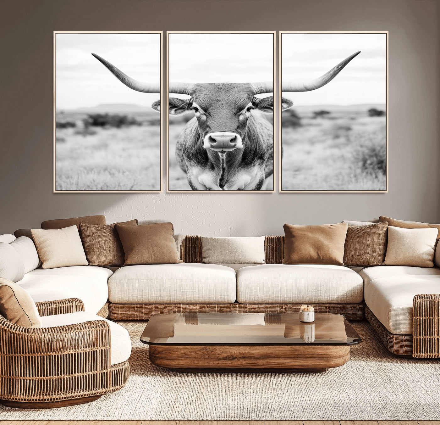 MGV-FC-60X30-3P - Highland Cow Wall Art Print - Black and White Texas Western Longhorn Canvas - Farmhouse Decor Print