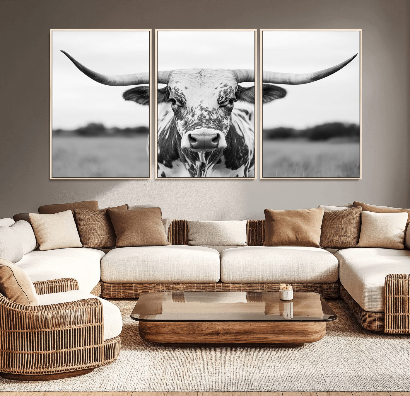 MGV-FC-60X30-3P - Highland Cow Wall Art - Black and White Western Longhorn Canvas Print - Farmhouse Living Room Decor