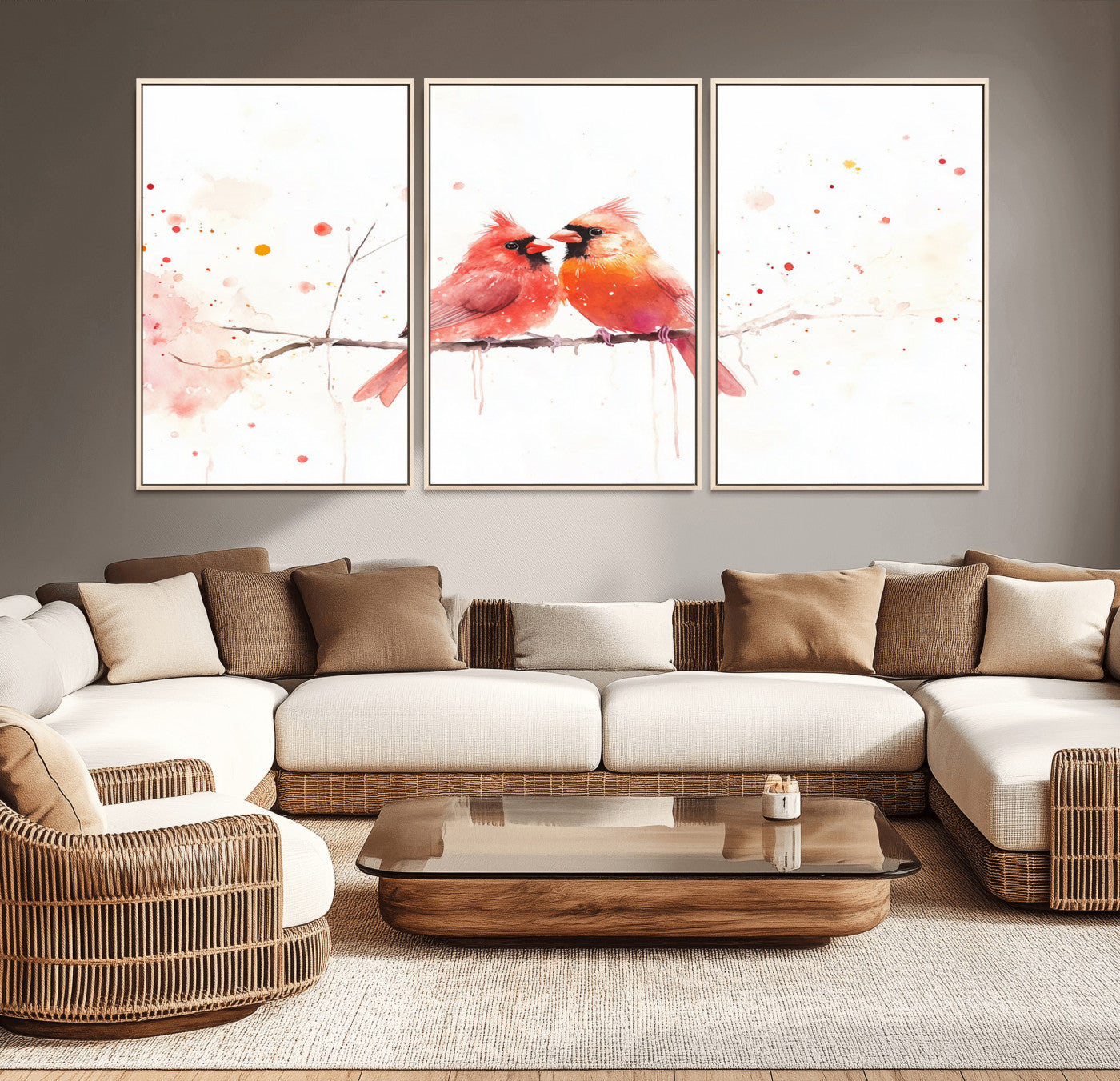 MGV-FC-60X30-3P - Cardinal Bird Canvas Wall Art - Male and Female Cardinal Print - Nature-Inspired Bird Wall Decor for