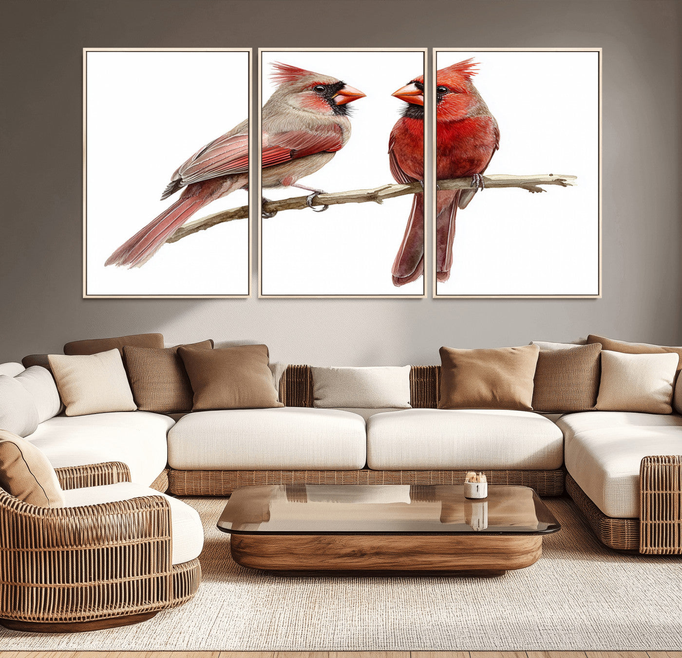MGV-FC-60X30-3P - Cardinal Bird Canvas Wall Art - Male and Female Cardinal Print - Abstract Bird Wall Decor for Home -