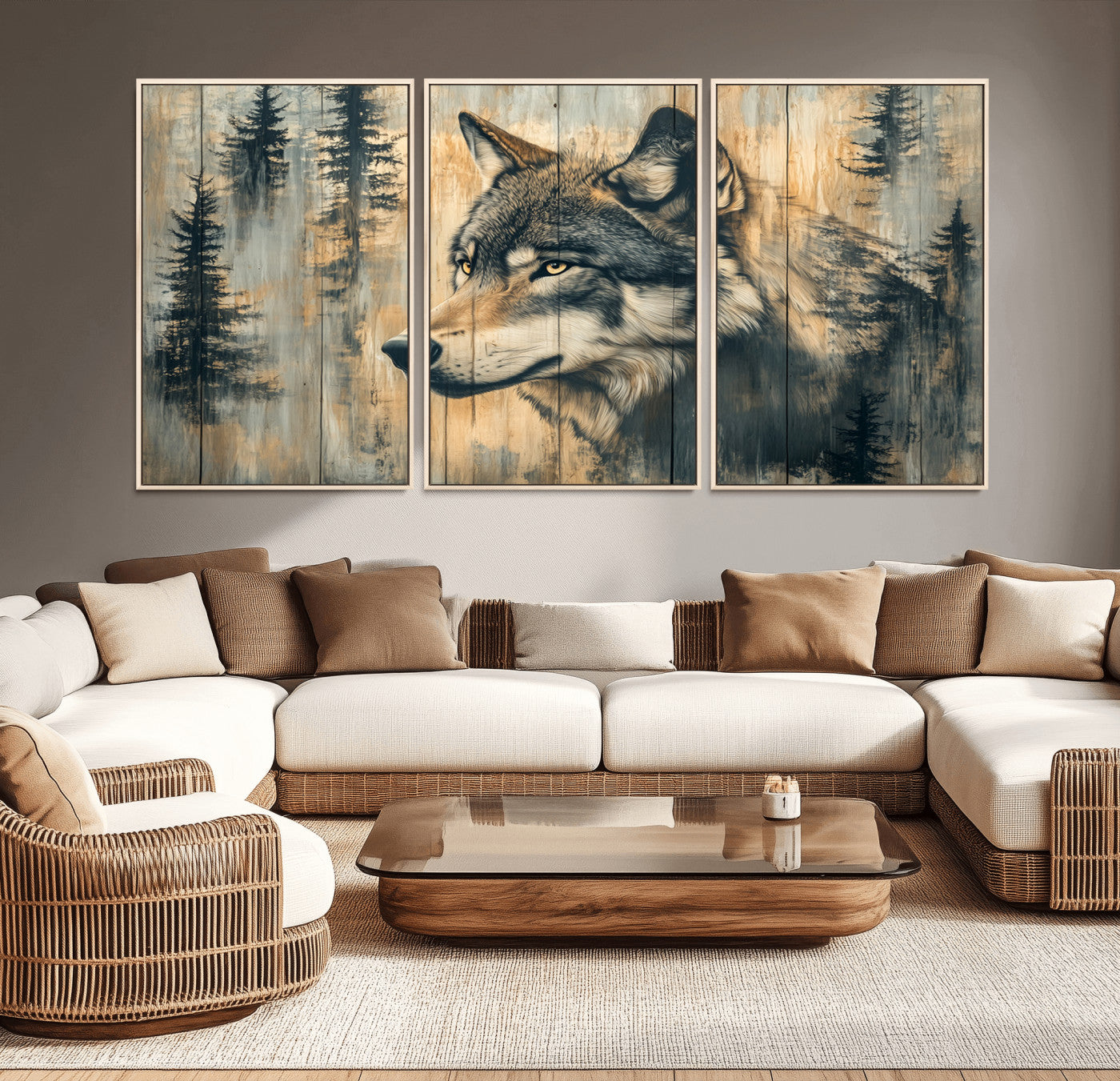 MGV-FC-60X30-3P - Wood Style Rustic Wolf Wall Art Canvas Print, Vintage Woodland Wolf Wall Art, Framed Wood Style Wolf