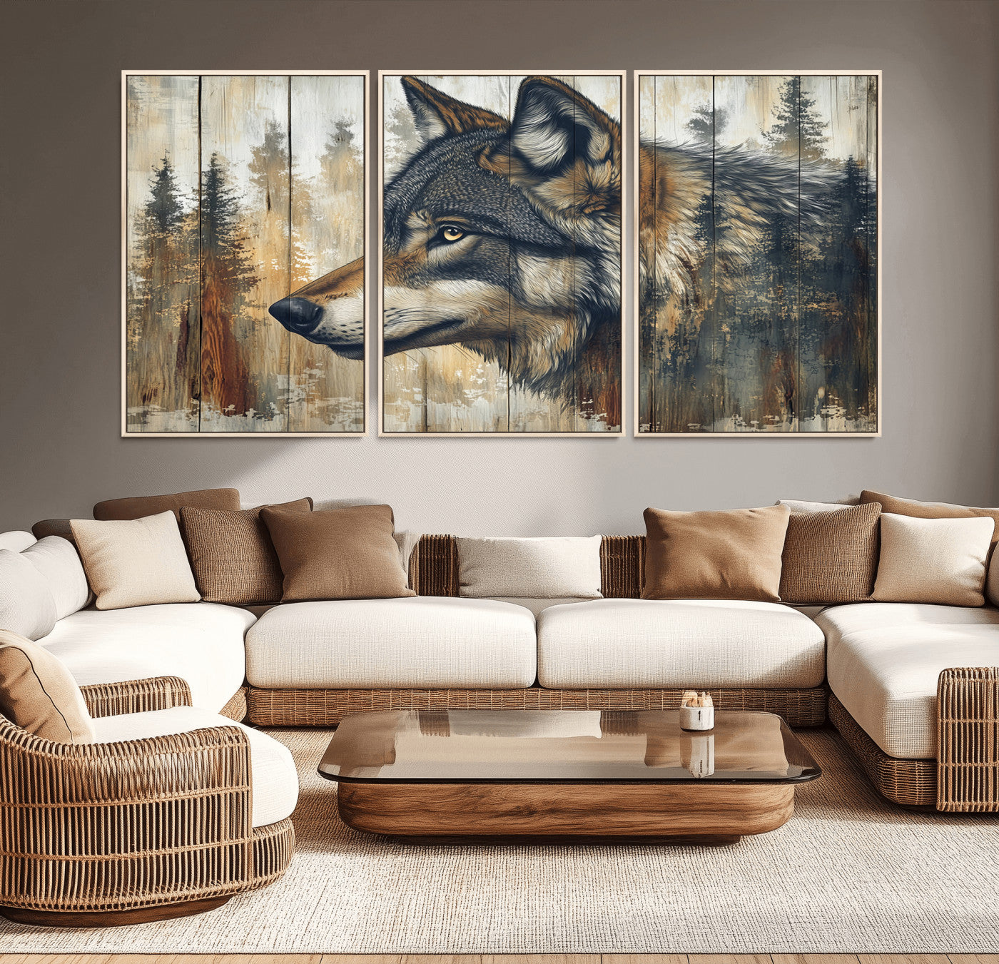 MGV-FC-60X30-3P - Rustic Wolf Wall Art Canvas Print, Vintage Woodland Wolf Wall Art