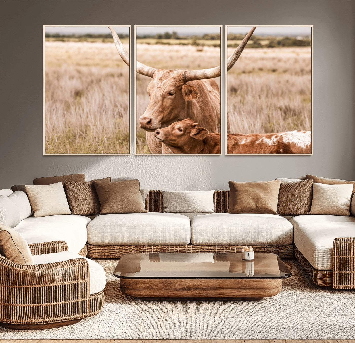 MGV-FC-60X30-3P - Texas Longhorn Cow Wall Art Canvas Print for Farmhouse Wall Art, Texas Decor, Western Wall Art Print