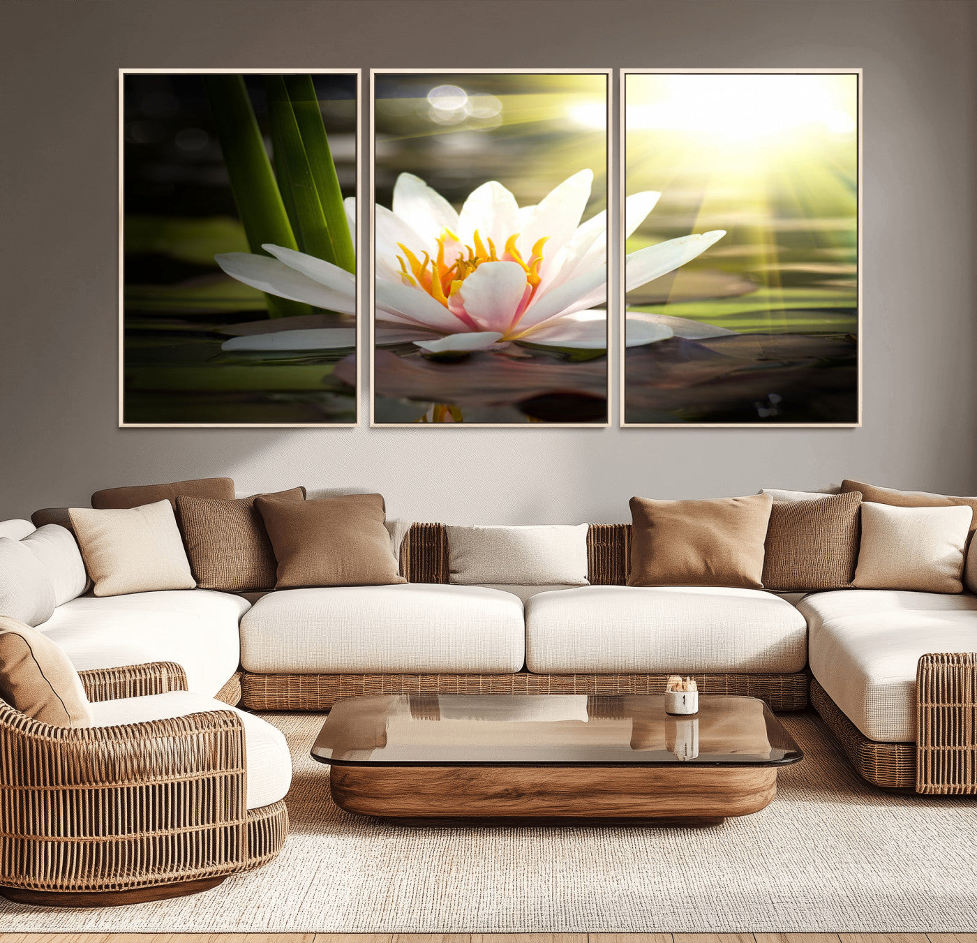 MGV-FC-60X30-3P - Lotus Flower Wall Art Canvas Print, Water Lily Large Wall Art Canvas Print
