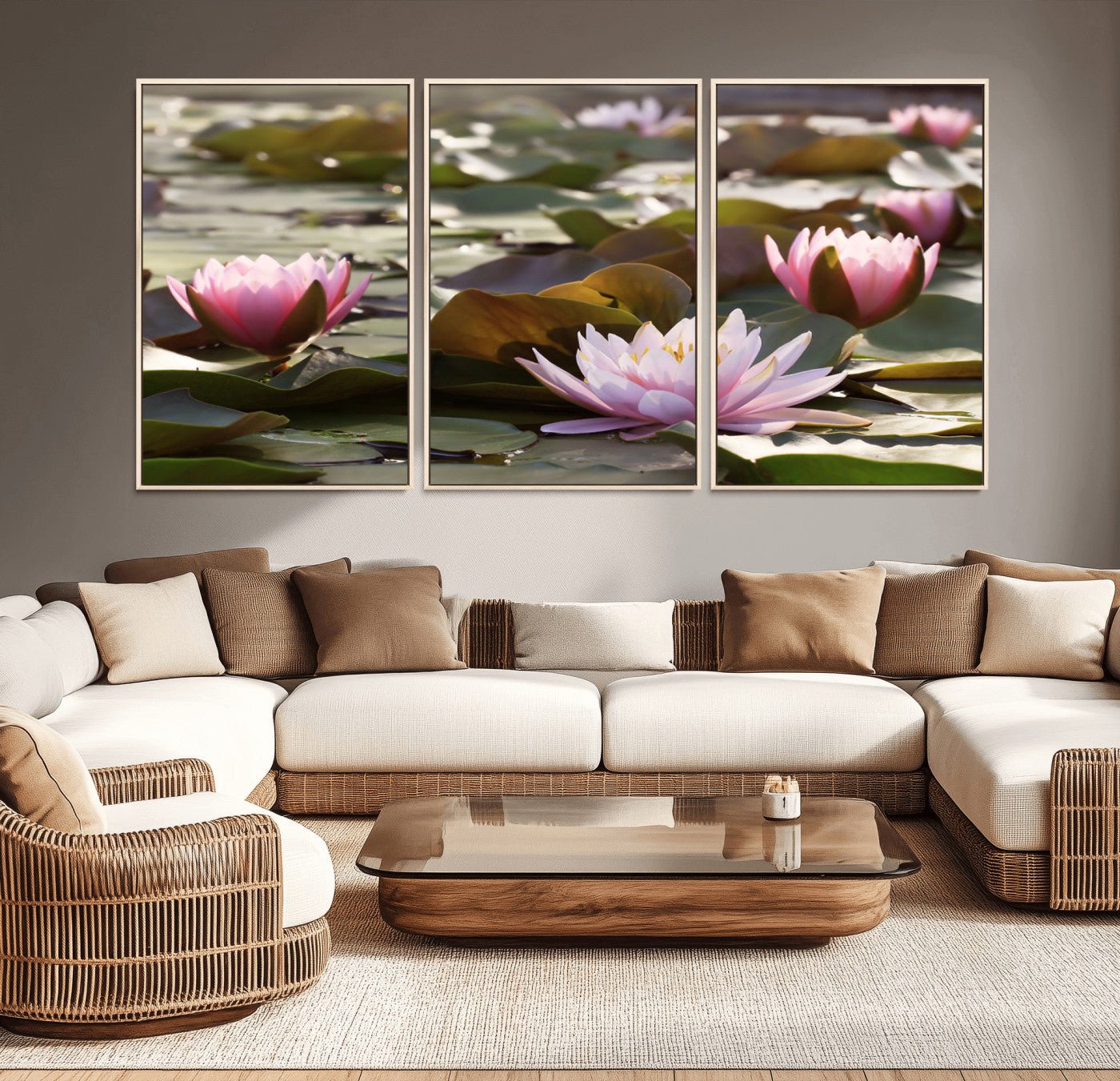 MGV-FC-60X30-3P - Lotus Flower Wall Art Canvas Print, Water Lily Large Wall Art Canvas Print for Yoga Room Decor,