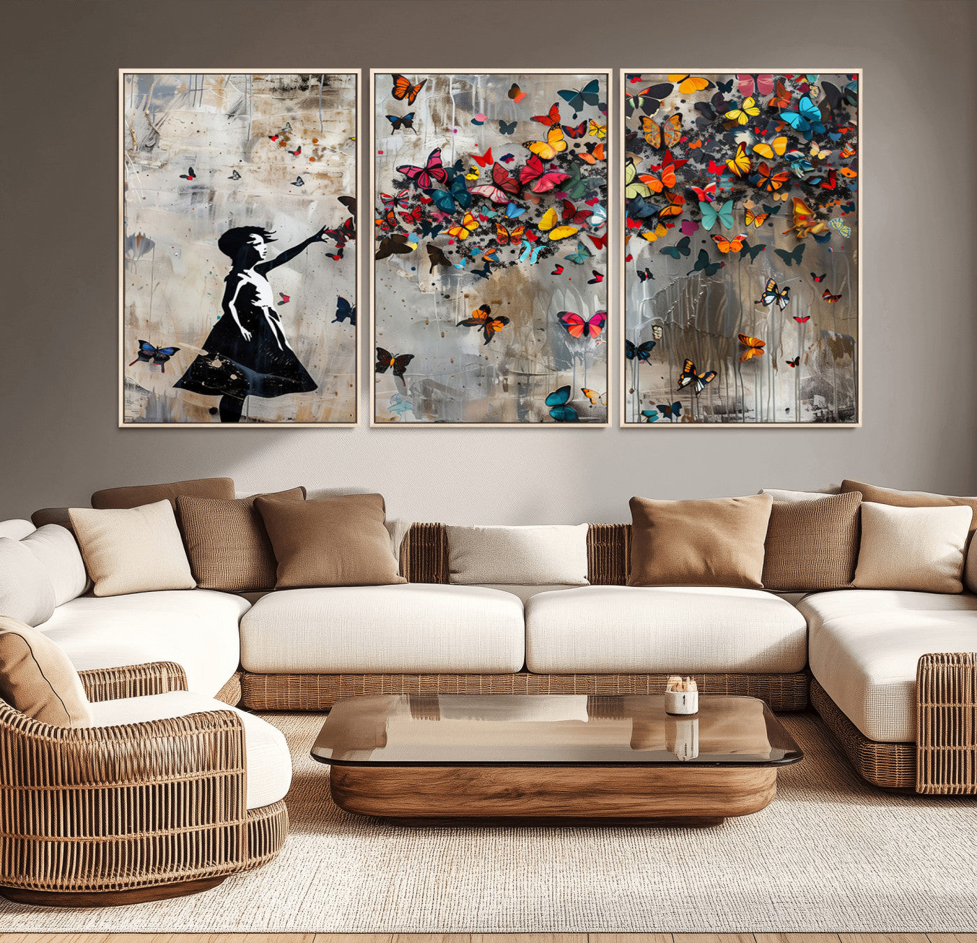 MGV-FC-60X30-3P - Banksy Butterfly Girl Wall Art | 3-Piece Butterfly Girl Canvas
