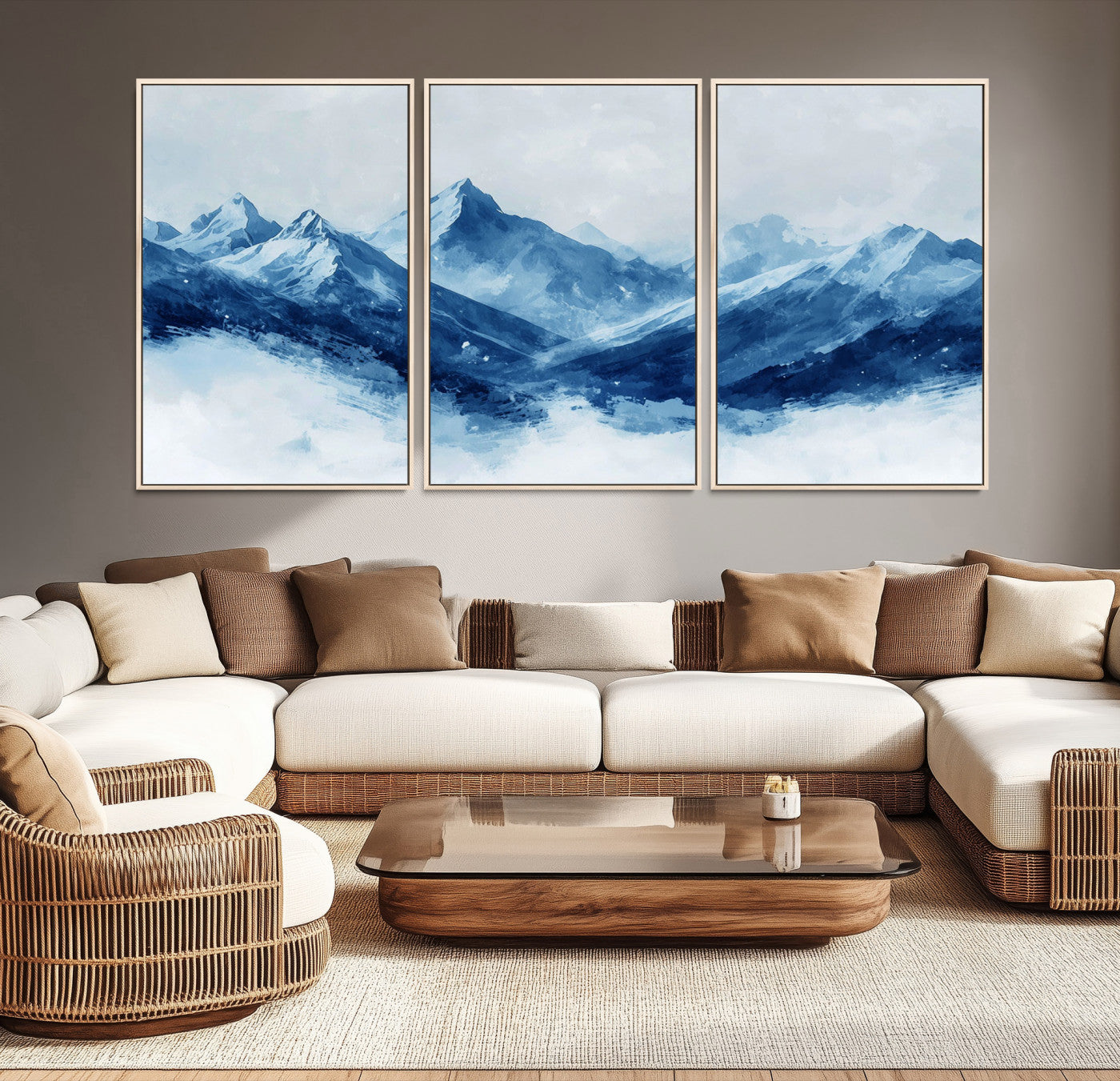 Peaceful watercolor-style painting of snowy blue mountains in soft tones, perfect for winter-themed or minimalist wall decor.