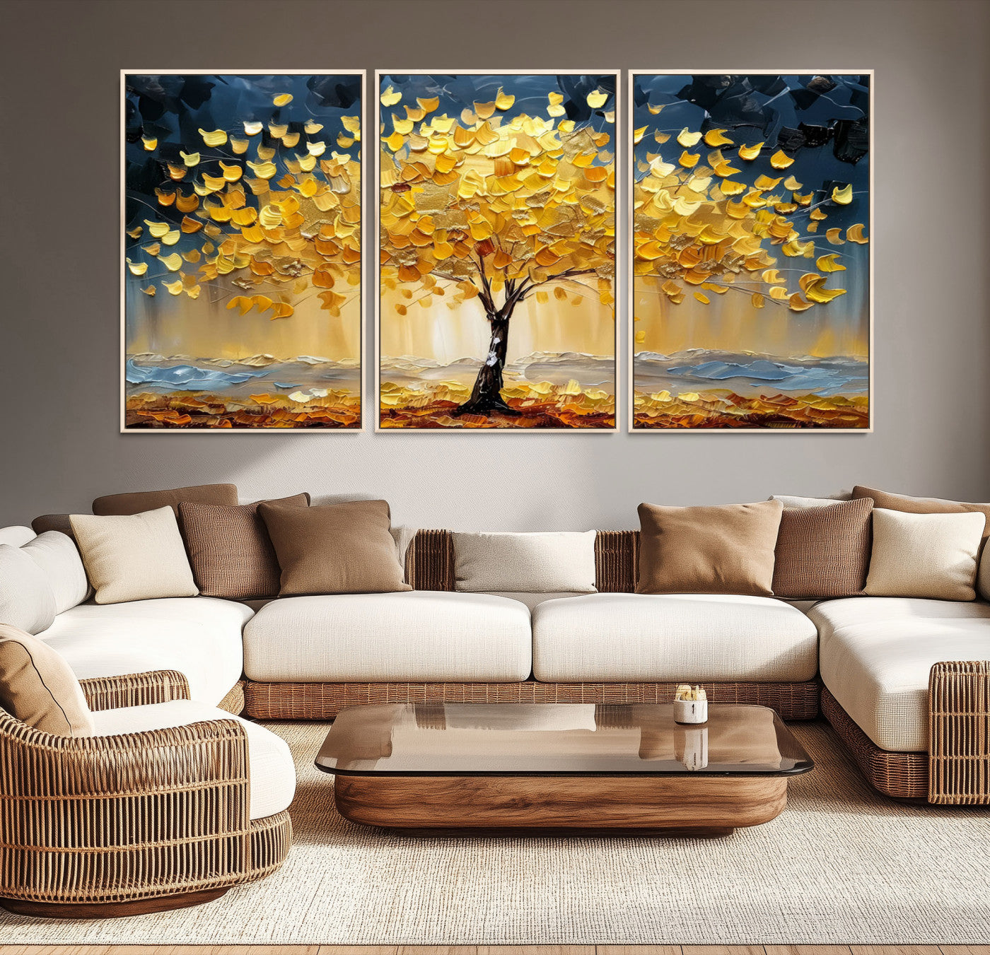 Canvas of a golden autumn tree with textured brushstrokes and moody blue skies, perfect for dramatic and vibrant home decor.