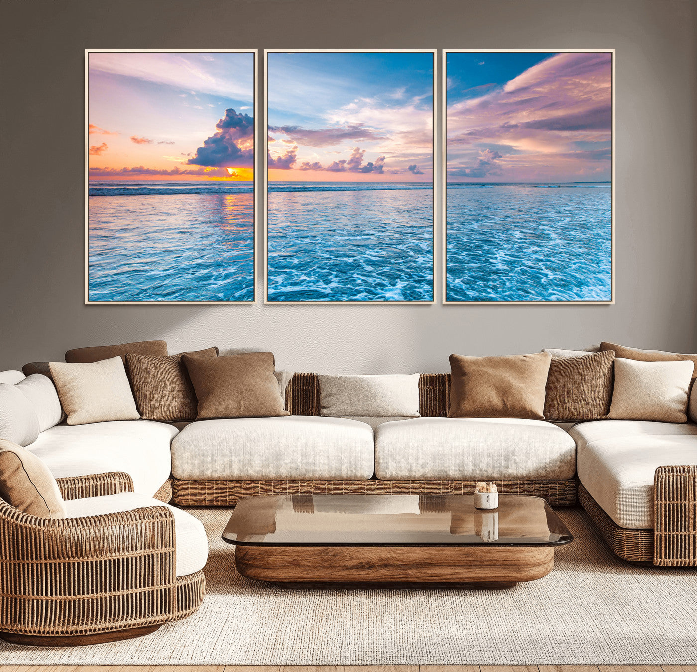 MGV-FC-60X30-3P - Ocean Sunset Canvas Wall Art Print - Tranquil Seascape with Vibrant Sky and Rolling Waves Canvas