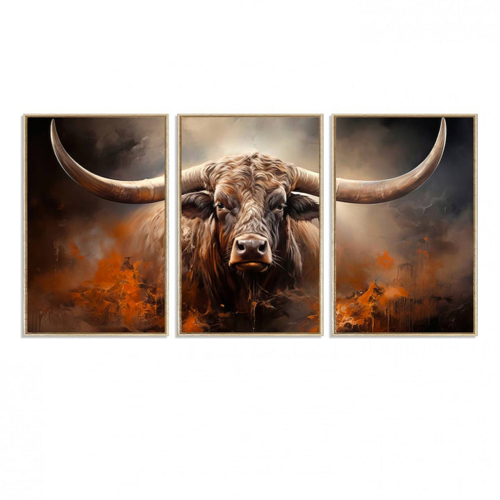 A Highland Bull with striking horns is depicted in a fiery abstract style on a ready-to-hang wall art canvas, evoking strength.