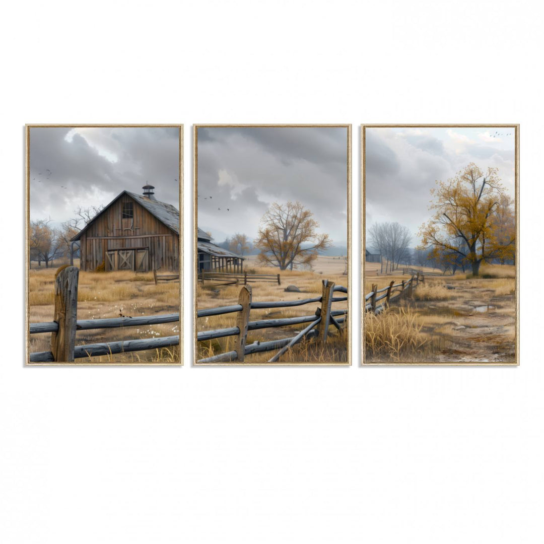 Rustic Autumn Farmhouse Wall Art – Weathered Barn & Trees Canvas Print, featuring a serene scene with birds in the sky. This piece is ready to hang.