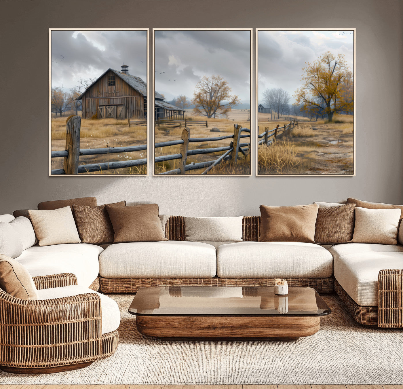 MGV-FC-60X30-3P - Rustic Autumn Farmhouse Wall Art Canvas Print – Serene Countryside Scene with Weathered Barn and