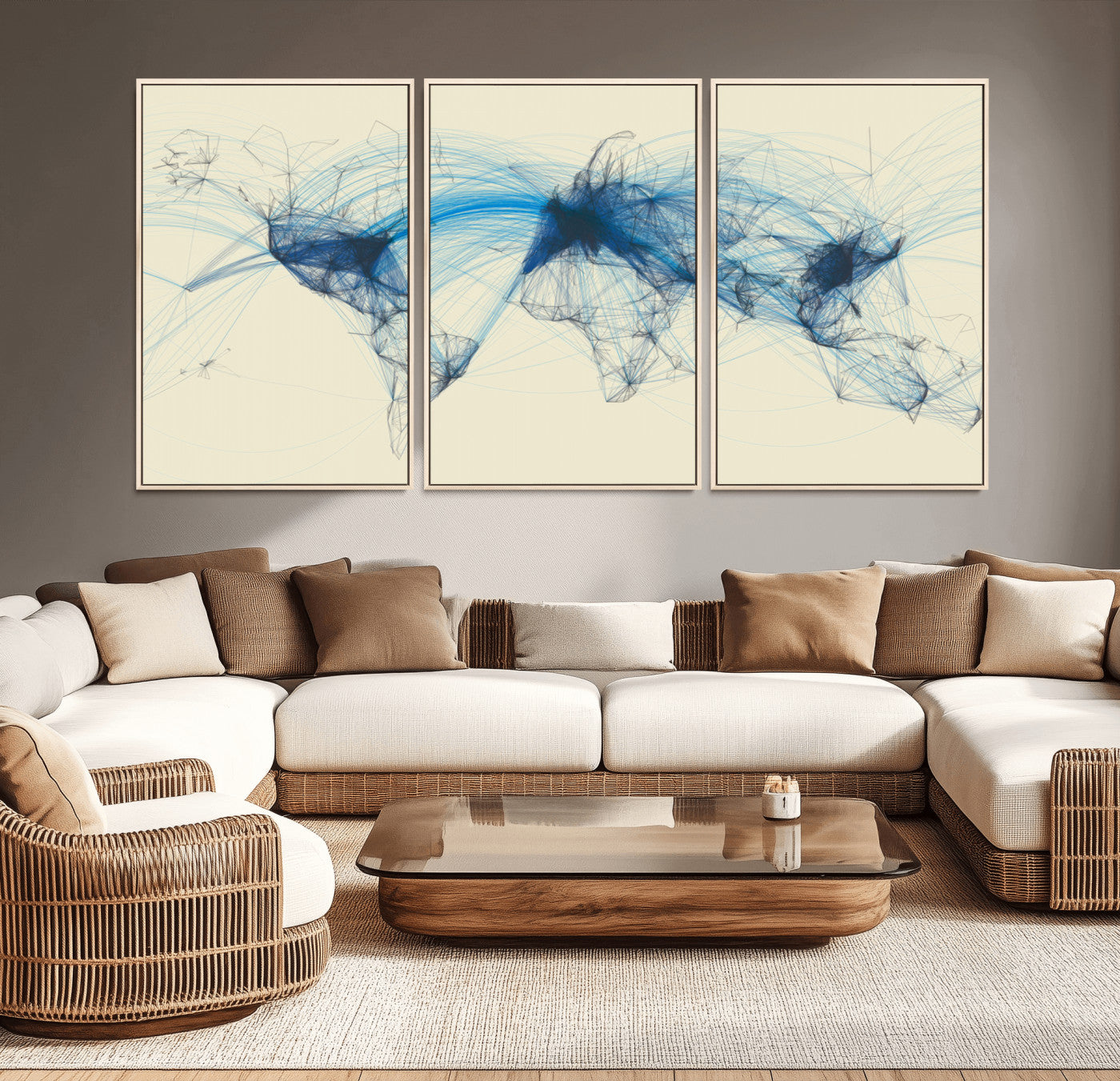 Map-Blue-Contract-MGV-CV-36X24-Flight Routes Map Art – Modern Air Traffic World Map Canvas Print with Blue Connections, Framed Wall Art for Office or Home Decor