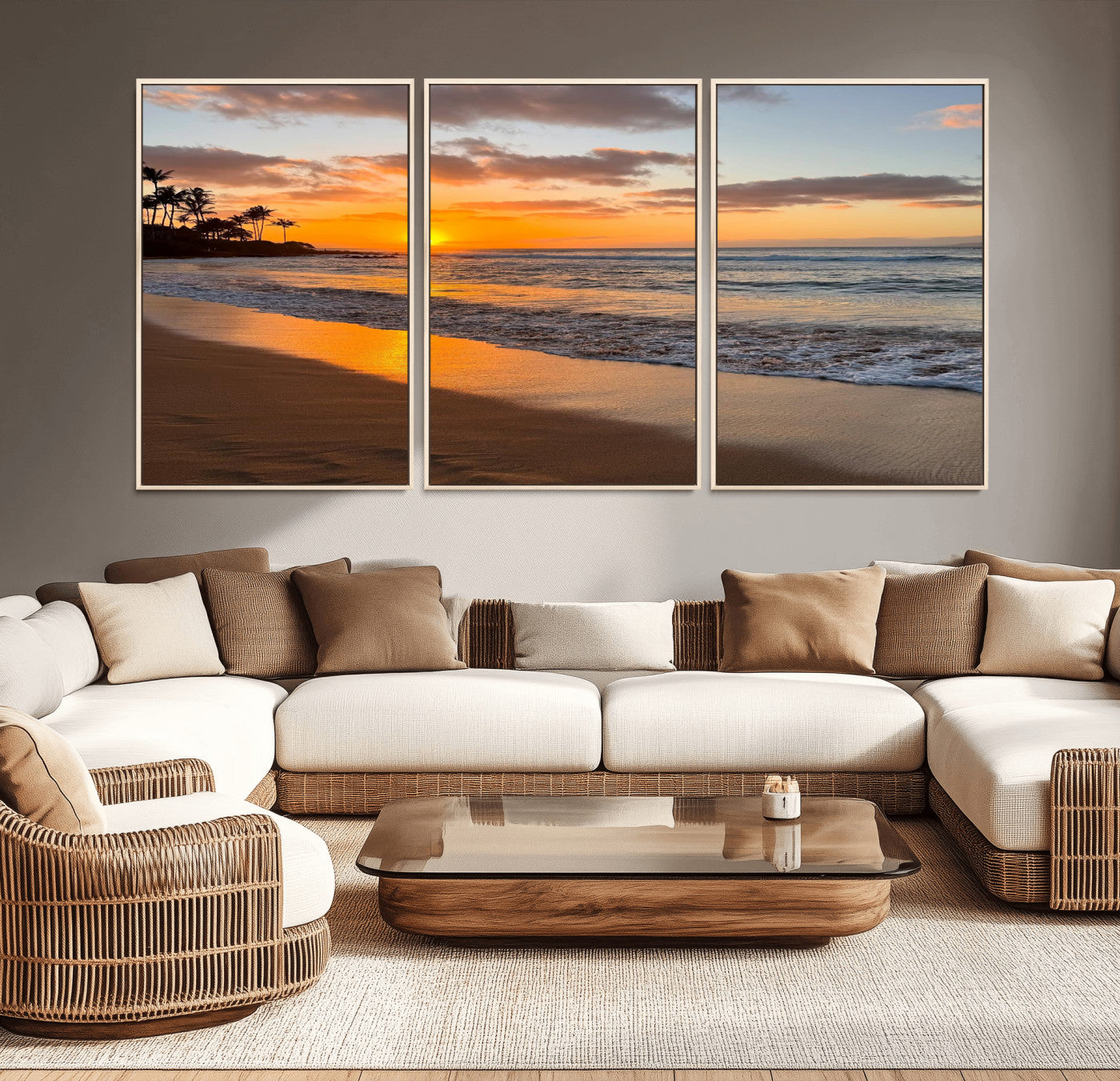 MGV-FC-60X30-3P - Sunset Wall Art Print - Stunning Beach Sunset Canvas Artwork for Elegant Home or Office Coastal