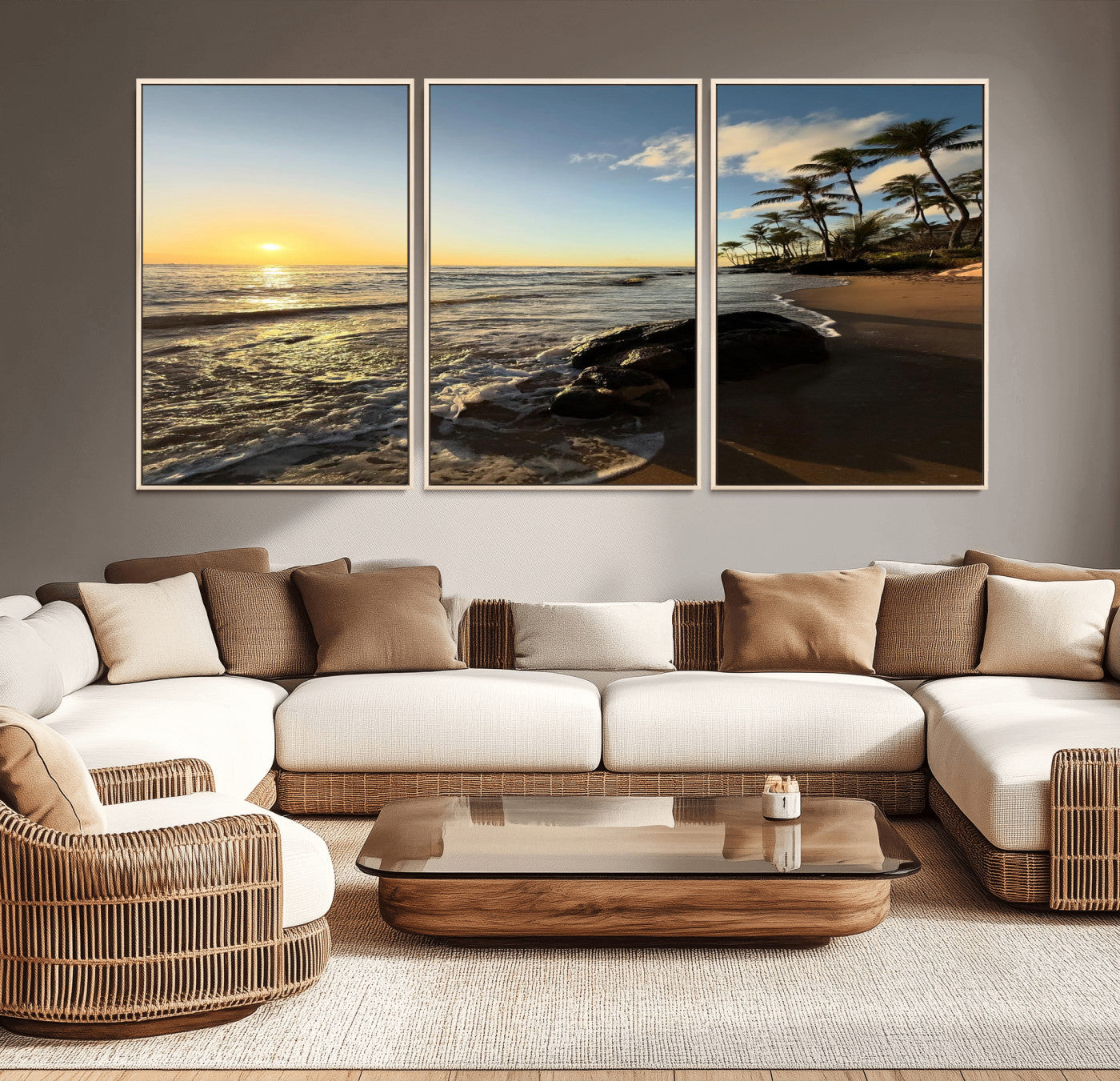 MGV-FC-60X30-3P - Tropical Beach Wall Art - Stunning Ocean Sunset Canvas Print with Palm Tree Design for Relaxing and