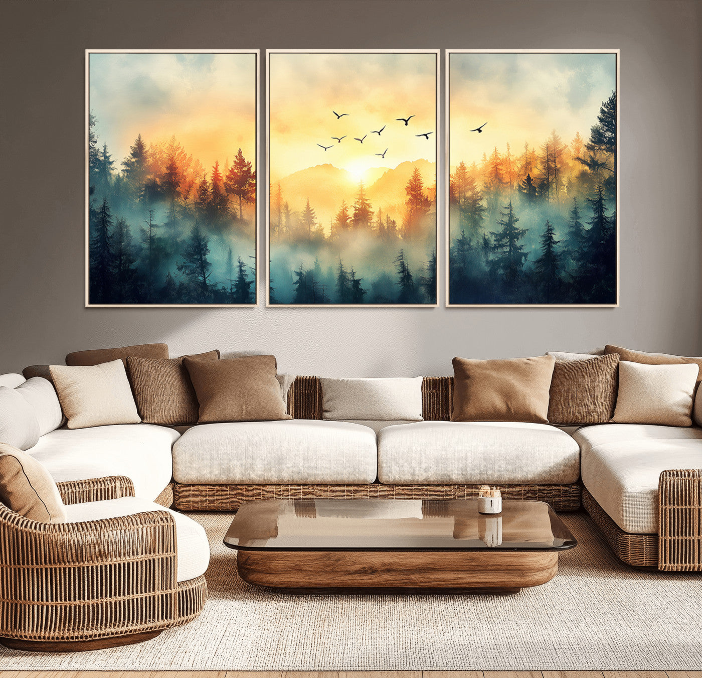 MGV-FC-60X30-3P - Abstract Forest Wall Art Print- Serene Nature Canvas Print with Misty Forest Design for Modern Home