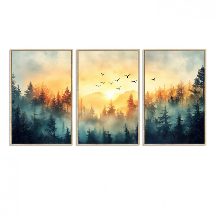 FRSABS2-MGV-FC-60X30-3P_Natural-Abstract Forest Wall Art Print- Serene Nature Canvas Print with Misty Forest Design for Modern Home or Office Decor