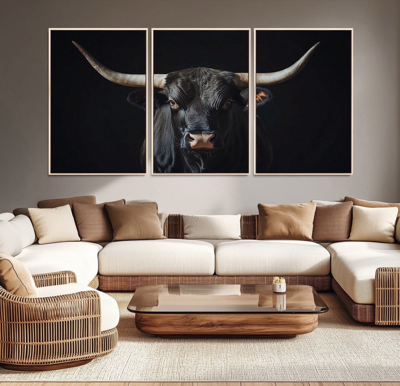 Canvas of a black longhorn bull against a dark background, featuring moody tones and western character for rustic or cowboy-inspired spaces.