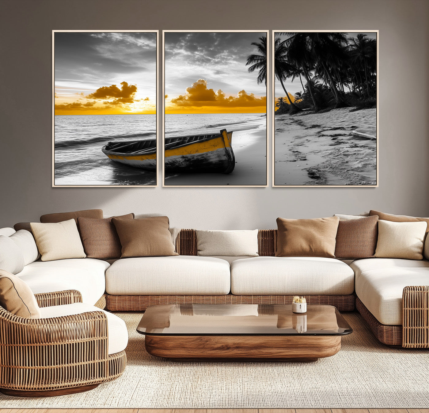Canvas of a yellow rowboat on a black and white tropical beach with golden sunset sky, ideal for coastal or tropical-themed home decor.