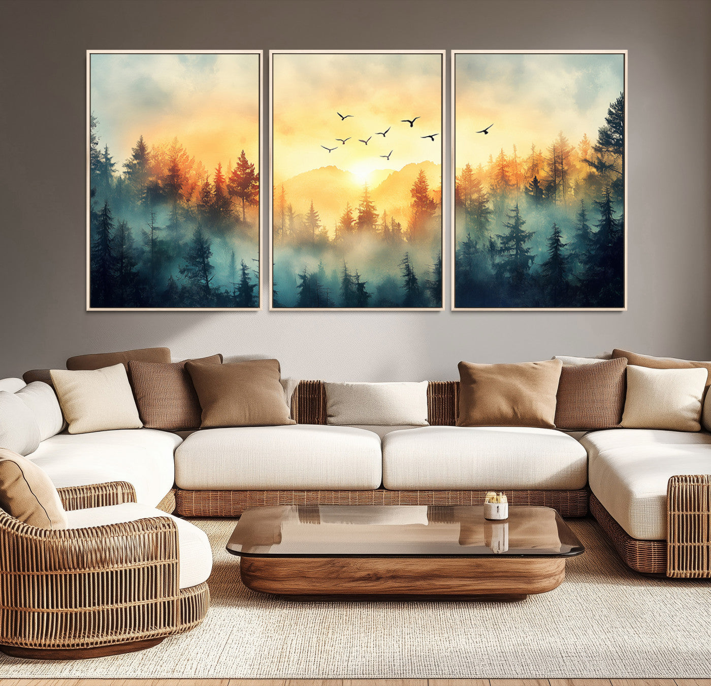 Canvas of a misty pine forest at sunrise with golden light and birds flying across the sky, perfect for tranquil nature-themed wall decor.