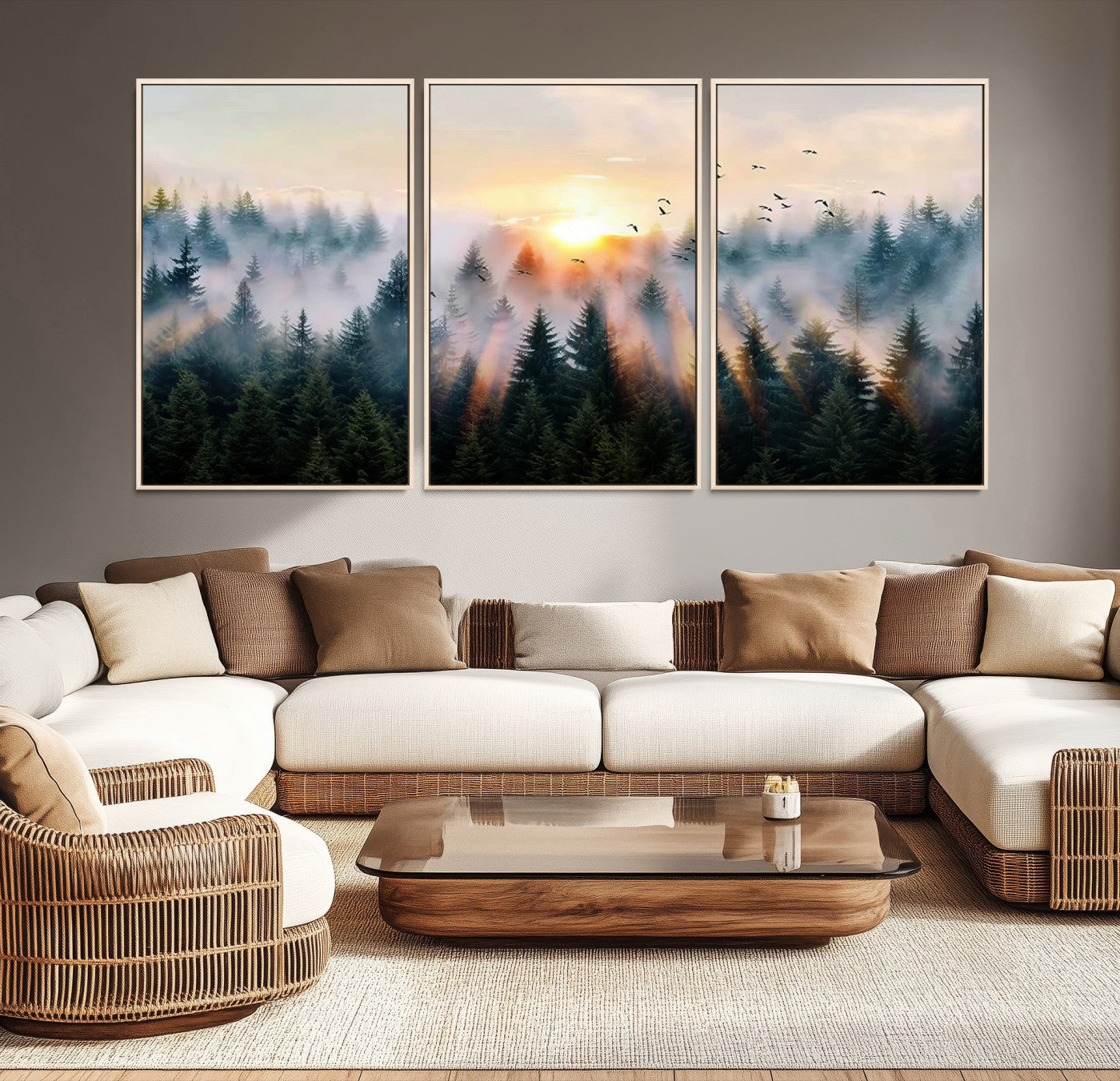 Canvas of a misty pine forest at sunrise with birds flying through golden morning rays, perfect for serene and moody woodland-style home decor.