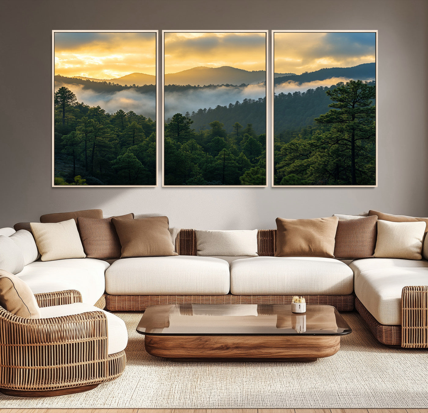 Canvas of misty pine-covered mountains at sunrise, featuring golden light and fog layers, ideal for tranquil earthy home decor.