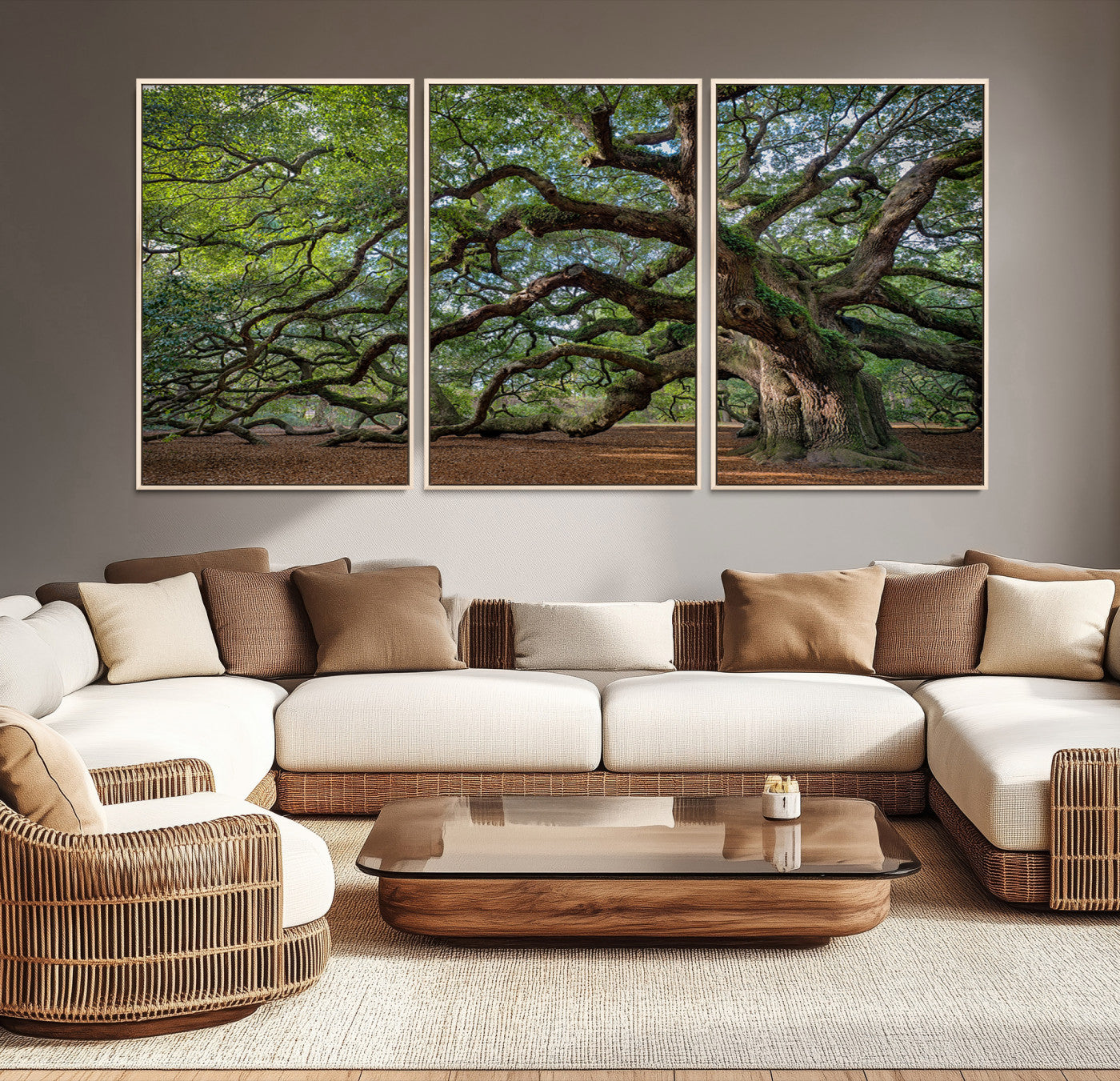 Canvas of the Angel Oak tree with sprawling limbs and mossy bark, ideal for earthy natural or rustic southern-inspired decor.
