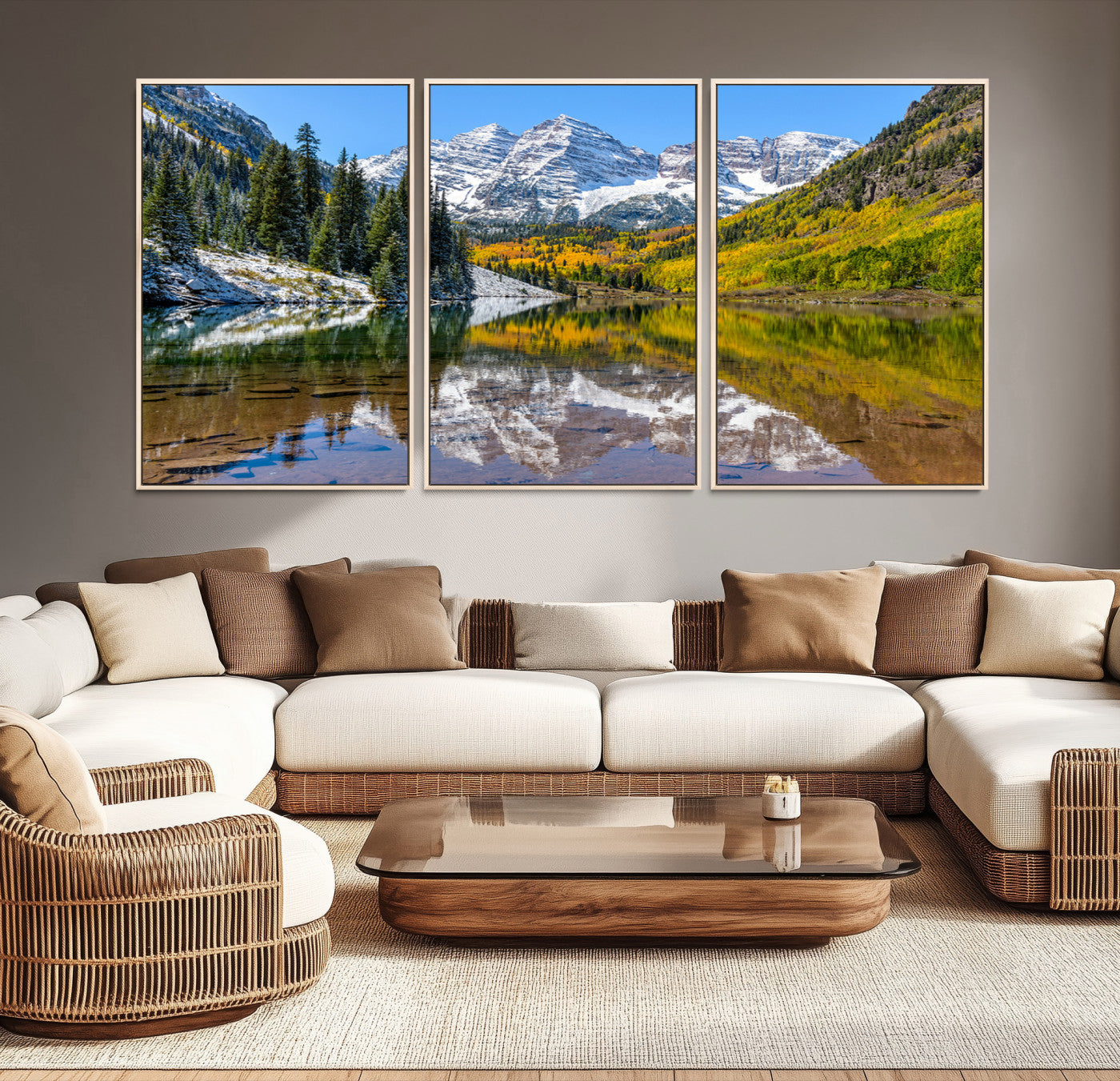 Canvas of Maroon Bells reflected in a clear alpine lake, with golden aspens and snowy peaks, ideal for crisp autumn or mountain-themed decor.