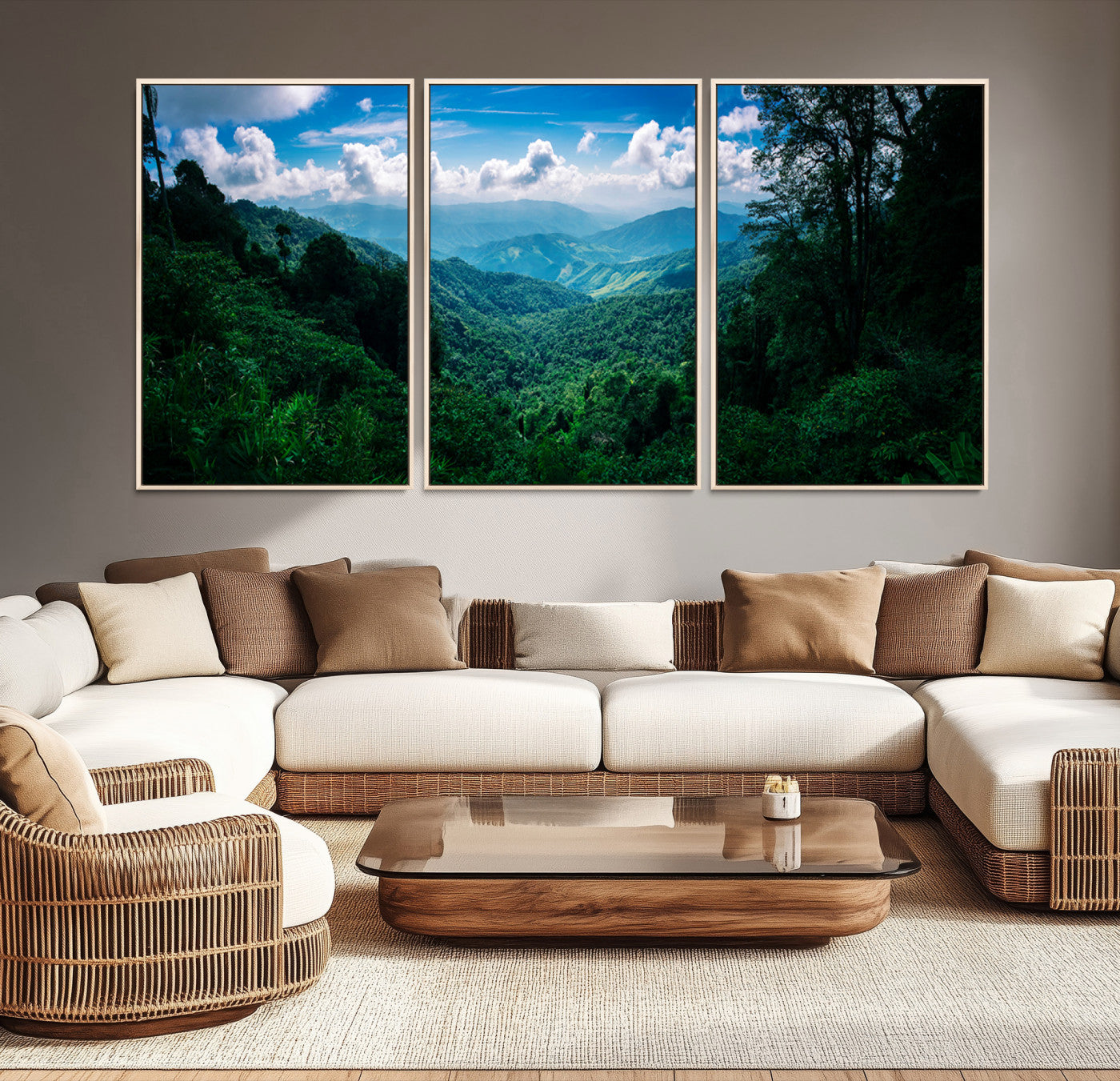Canvas of a misty tropical jungle with vibrant greenery and layered blue mountains, ideal for exotic nature-themed wall décor.
