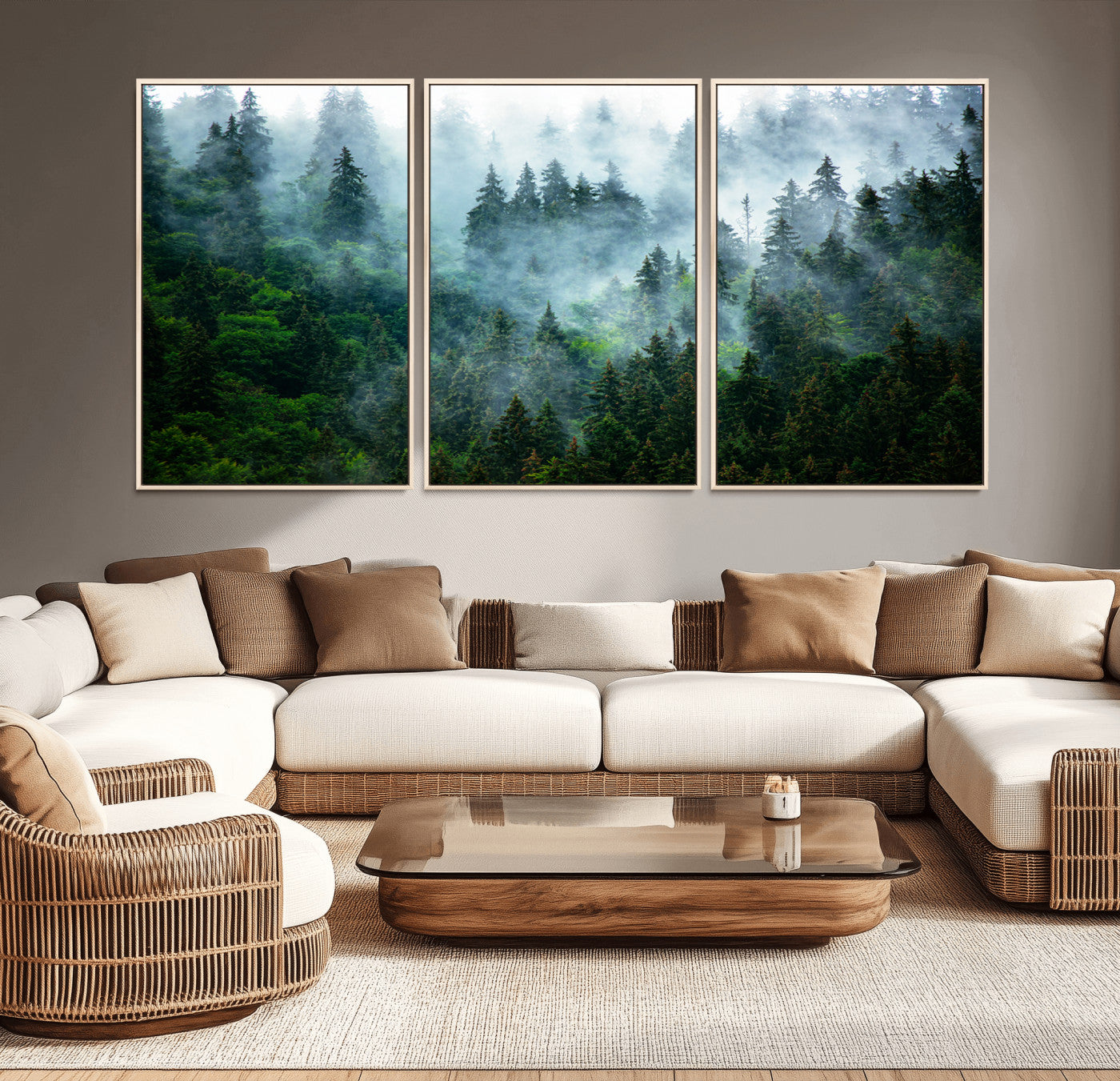 17393683-MGV-FC-60X30-3P_Natural-Misty Forest Wall Art Canvas Print – Framed Foggy Mountain Scene with Serene Nature Artwork for Home, Office, Living Room