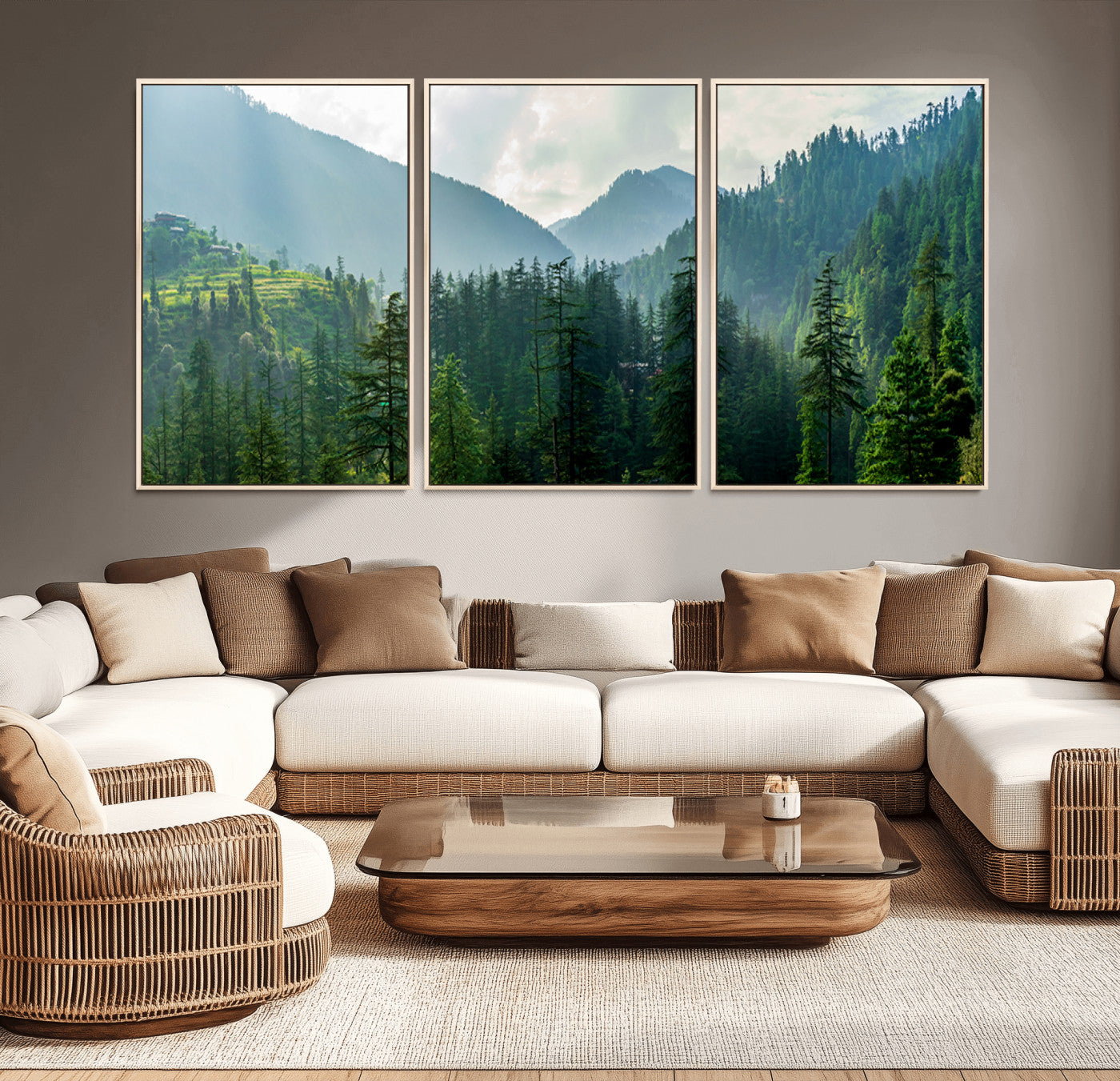 MGV-FC-60X30-3P - Misty Forest Mountain Canvas Print – Serene Nature Wall Art, Tranquil Valley