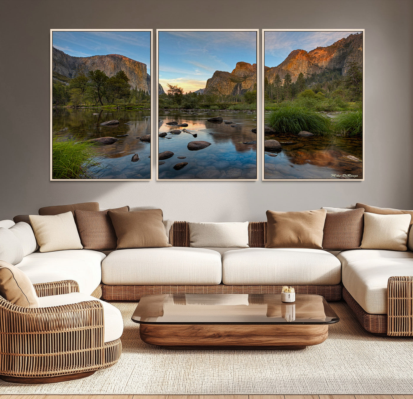 Canvas of Yosemite Valley with El Capitan and sunset reflections in a calm river, perfect for rustic or nature-themed décor.