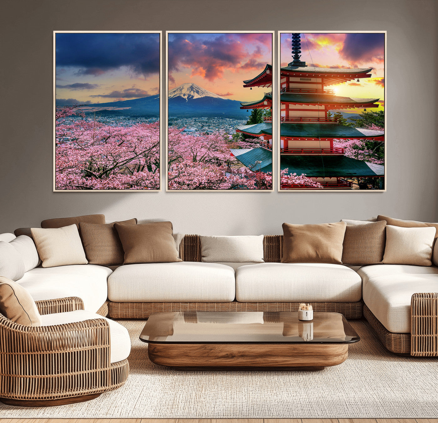 MGV-FC-60X30-3P - Mount Fuji & Cherry Blossom Wall Art Canvas Print – Iconic Japanese Landscape, Sakura Pagoda Sunset,