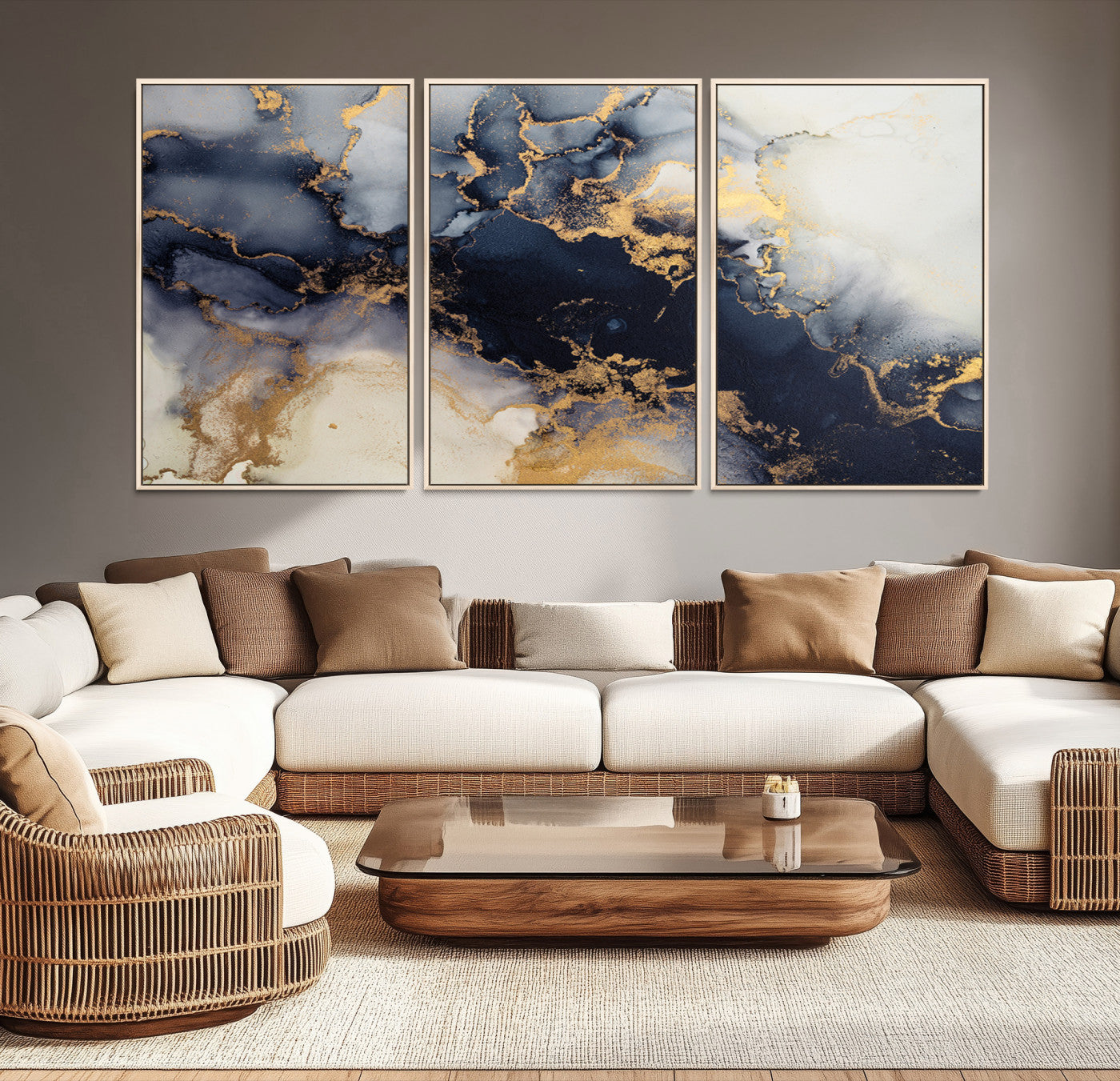 Luxurious abstract canvas in black and gold with moody fluid textures and smoky patterns, perfect for dramatic modern interiors.