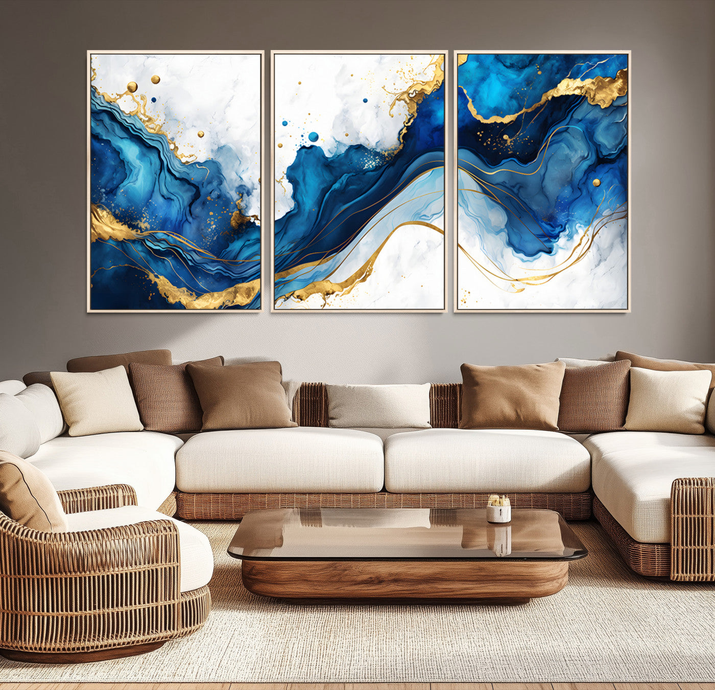 Elegant abstract canvas in cobalt blue and gold tones, featuring marble waves and fluid motion, ideal for luxe interior styling.