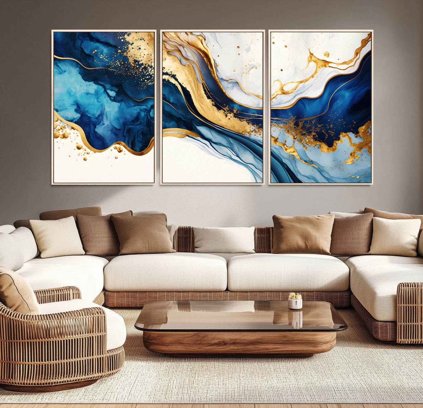 Canvas artwork with fluid blue and gold marbling, perfect for modern luxe or elegant abstract home decor styles.