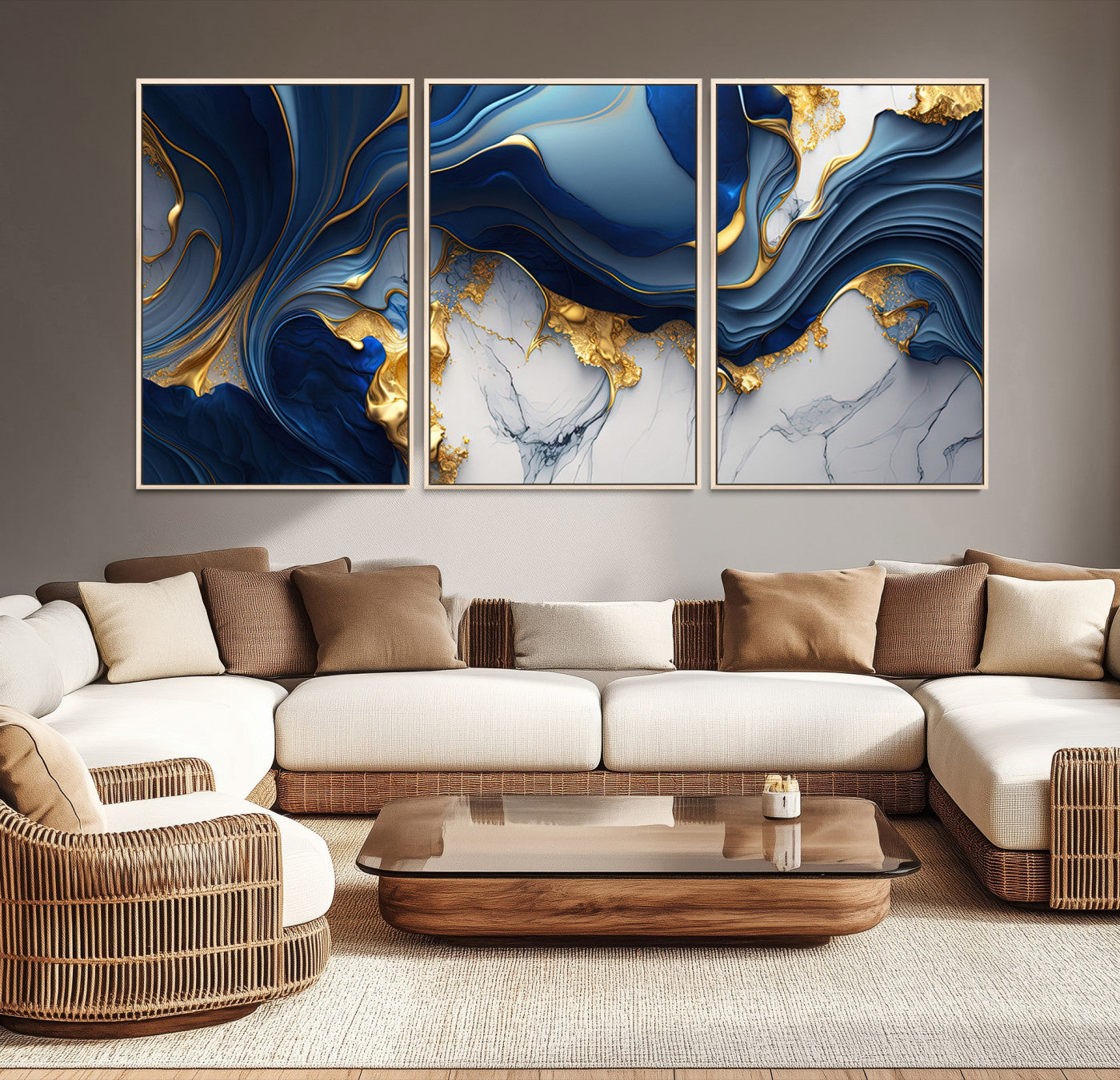 Canvas art with swirling blue marble and gold textures, ideal for elegant glam or modern luxury interior design settings.
