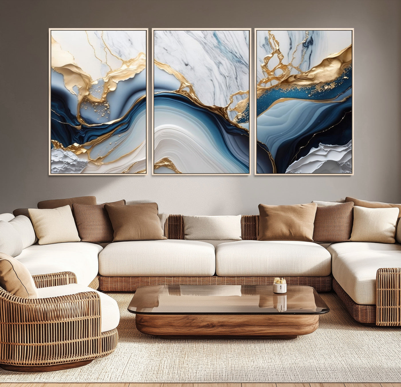 Abstract canvas with blue marble textures and flowing gold veins, ideal for modern luxury or coastal-inspired interior decor.