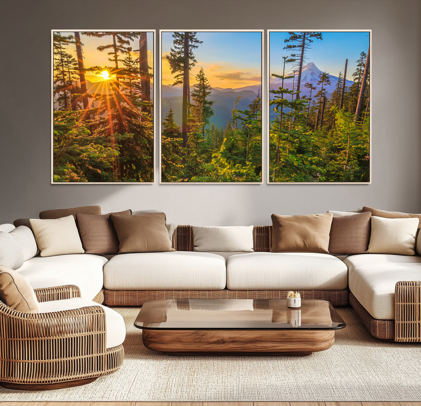 83544043-MGV-CV-48X32-3P-Forest Sunset Wall Art Canvas Print, Glowing Evening Light Through Green Pines and Trees Artwork for Home, Office